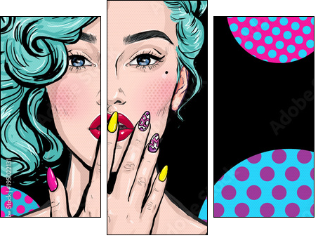 Pop Art illustration of girl with hand.Pop Art girl. Comic woman with speech bubble.Sexy girl. Nails. Lipstick and nail-varnish advertisement. model, 1990s, pop, naive, head, party, face, omg, art,wow - Three-piece canvas, Triptych