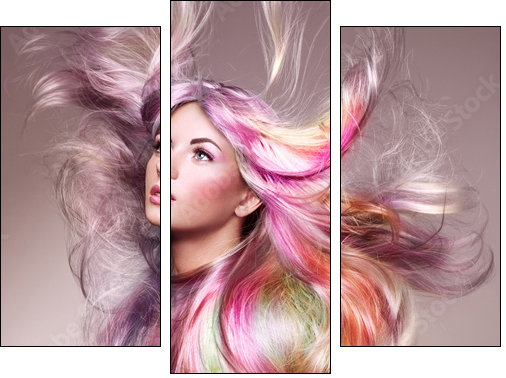 Beauty Fashion Model Girl with Colorful Dyed Hair. Girl with perfect Makeup and Hairstyle. Model with perfect Healthy Dyed Hair. Rainbow Hairstyles - Three-piece canvas, Triptych
