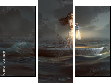 Frau mit Laterne in Ruderboot - Three-piece canvas, Triptych