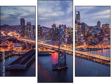 Aerial cityscape view of San Francisco and the Bay Bridge at Night - Three-piece canvas, Triptych