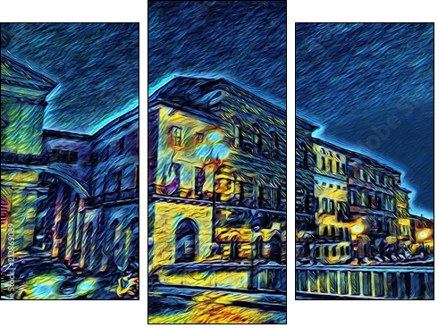 Ponte di mezzo in Pisa, Italy. Old houses at embankment. Italian bridge. Big size oil painting fine art in Vincent Van Gogh style. Modern impressionism drawn. Creative artistic print or poster. - Three-piece canvas, Triptych