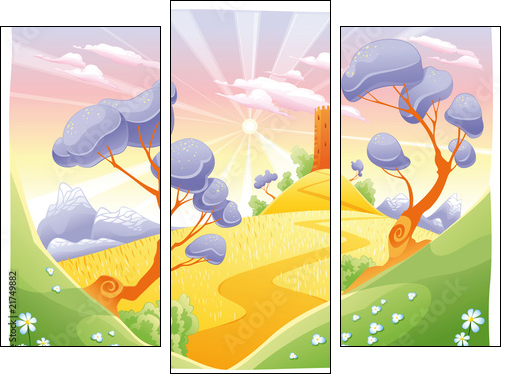 Landscape with tower. Funny cartoon and vector illustration. - Three-piece canvas, Triptych