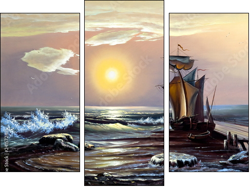 Sailing boat against the coming sun - Three-piece canvas, Triptych