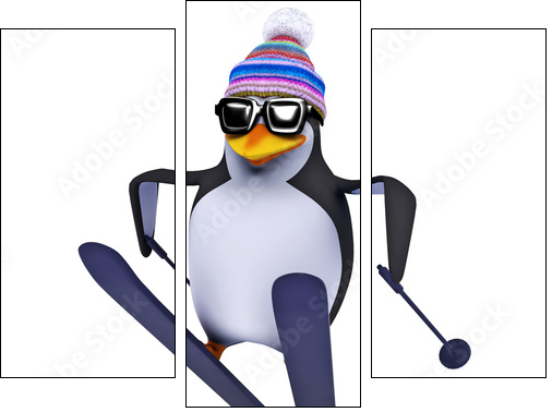 3d Penguin skiing like a pro - Three-piece canvas, Triptych