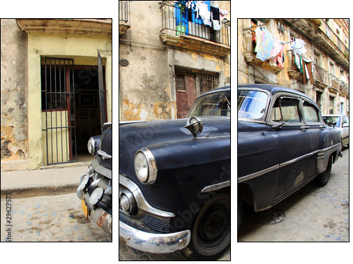 A classic old car is black color parked in front of the building - Three-piece canvas, Triptych