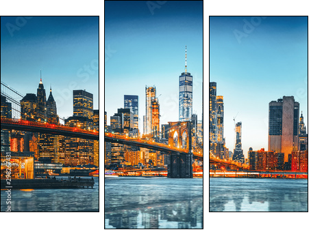 New York night view of the Lower Manhattan and the Brooklyn Bridge across the East River. - Three-piece canvas, Triptych