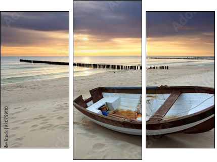 Boat on beautiful beach in sunrise - Three-piece canvas, Triptych