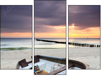 Boat on beautiful beach in sunrise - Three-piece canvas, Triptych