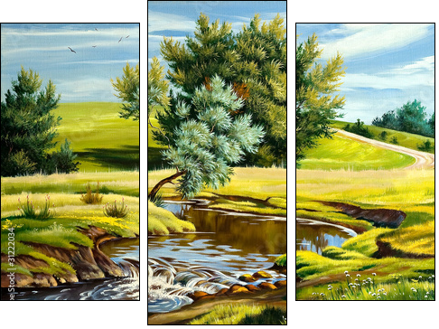 Summer landscape with the river - Three-piece canvas, Triptych