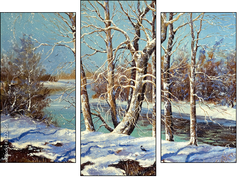 Winter landscape on the bank of the river - Three-piece canvas, Triptych