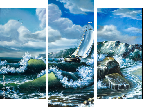 Lonely sailing vessel in the storming sea - Three-piece canvas, Triptych