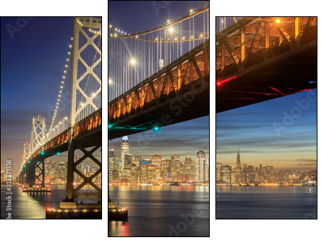 Western Span of San Francisco-Oakland Bay Bridge and San Francisco Waterfront in Blue Hour. Shot from Yerba Buena Island, San Francisco, California, USA. - Three-piece canvas, Triptych