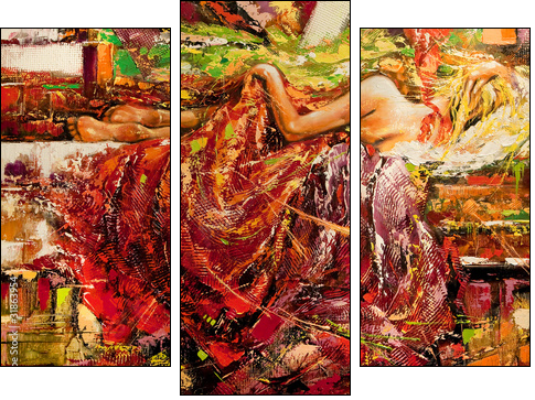 The sleeping girl drawn by oil on a canvas - Three-piece canvas, Triptych