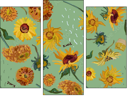 Sunflower flowers on a background of sea green. Vector illustration based on the painting of Van Gogh. - Three-piece canvas, Triptych