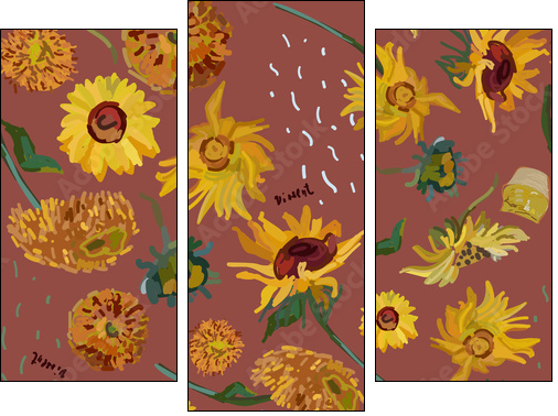 Sunflower flowers on a background of sea green. Vector illustration based on the painting of Van Gogh. - Three-piece canvas, Triptych