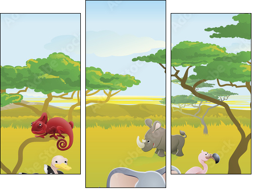 Cute African safari animal cartoon scene - Three-piece canvas, Triptych