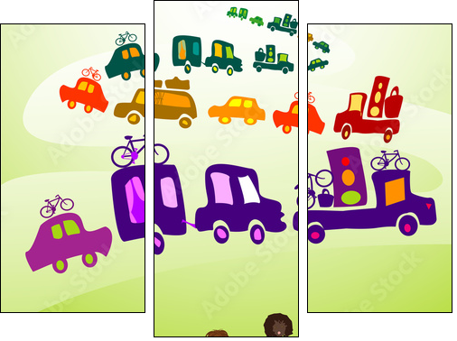 cars caravan, Group of kids playing in a landscape - Three-piece canvas, Triptych