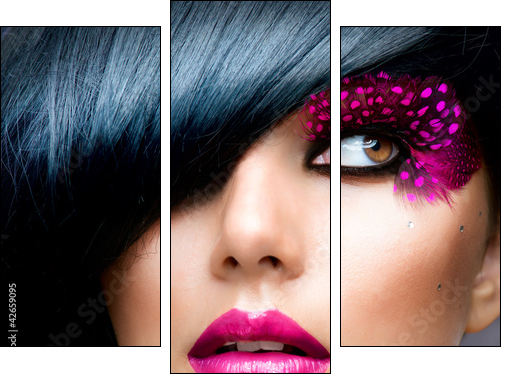 Fashion Brunette Model Portrait. Hairstyle - Three-piece canvas, Triptych