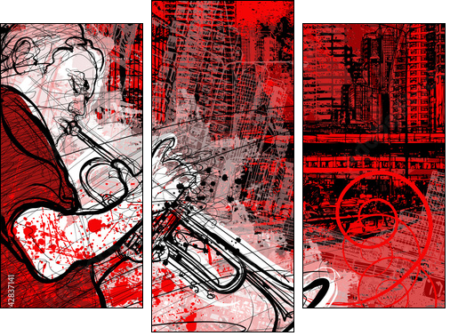 trumpeter on a grunge cityscape background - Three-piece canvas, Triptych