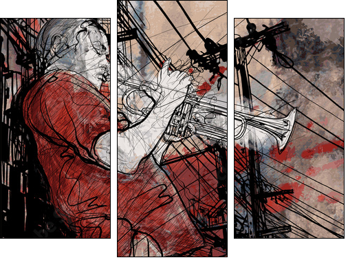 trumpeter on a grunge cityscape background - Three-piece canvas, Triptych