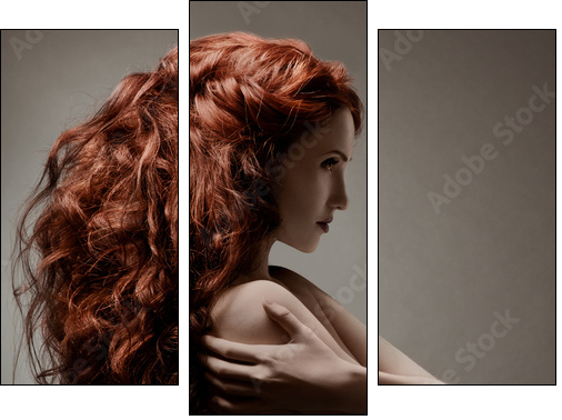 Beautiful woman with curly hairstyle against gray background - Three-piece canvas, Triptych