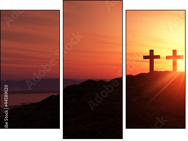 3 Kreuze am HÃ¼gel bei Sonnenuntergang - Three-piece canvas, Triptych