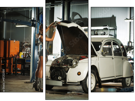 A beautiful brunette woman in a garage fixing an old car - Three-piece canvas, Triptych