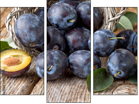group of fresh plums on wood  background - Three-piece canvas, Triptych