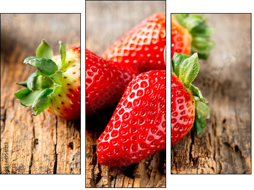 Strawberry over Wooden Background. Strawberries close-up - Three-piece canvas, Triptych