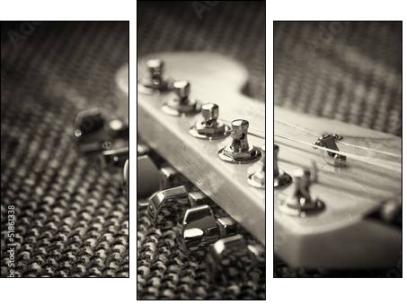 Electrical guitar headstock closeup. Sepia effect with vignette - Three-piece canvas, Triptych