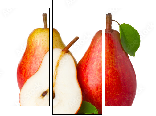 Ripe red pear fruits with green leaves isolated - Three-piece canvas, Triptych