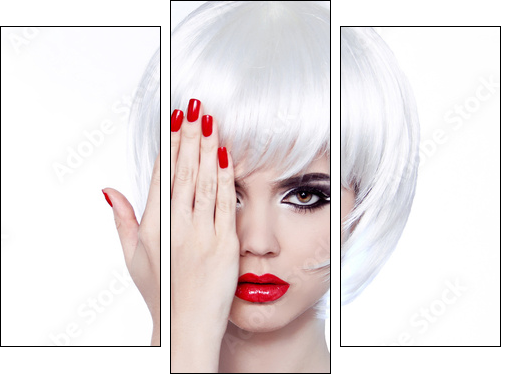 White Hair and Red Nails. Fashion Beauty Girl. Red lips. Manicur - Three-piece canvas, Triptych