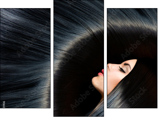 Healthy Long Black Hair. Beauty Brunette Woman - Three-piece canvas, Triptych