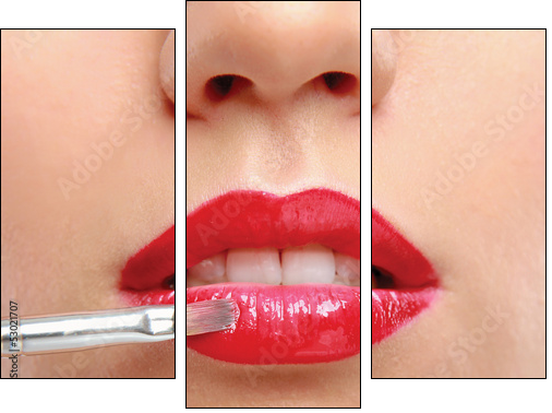 Woman's lips holding make up brush - Three-piece canvas, Triptych