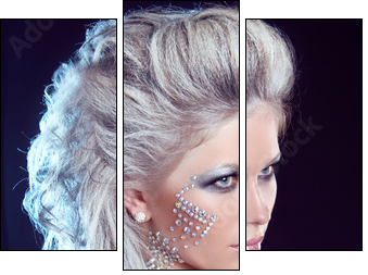 Hairstyle. Fashion Beauty Girl. Punk Style Woman with strasses o - Three-piece canvas, Triptych