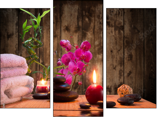 massage - bamboo - orchid, towels, candles stones - Three-piece canvas, Triptych