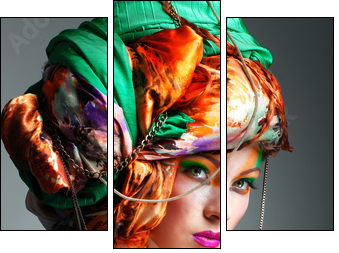 photo of redheaded girl in a head-dress from the coloured fabric - Three-piece canvas, Triptych