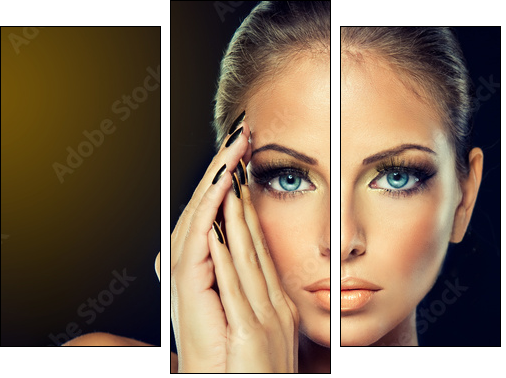 The girl with the Golden makeup and metal nails. - Three-piece canvas, Triptych
