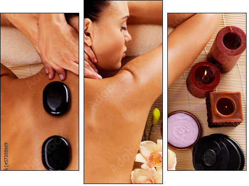Adult woman having hot stone massage in spa salon - Three-piece canvas, Triptych