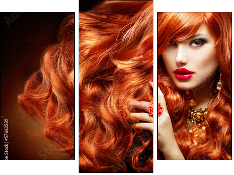 Long Curly Red Hair. Fashion Woman Portrait - Three-piece canvas, Triptych