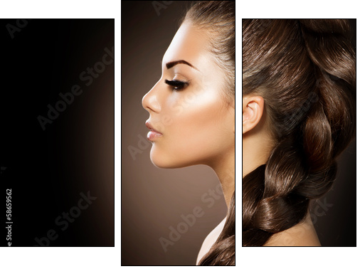Hair Braid. Beautiful Woman with Healthy Long Hair - Three-piece canvas, Triptych