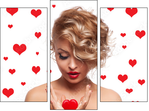 Beautiful woman with glamour bright makeup and red hear - Three-piece canvas, Triptych