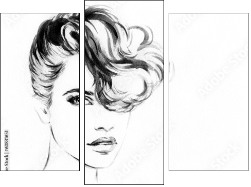 Beautiful woman face. watercolor illustration - Three-piece canvas, Triptych