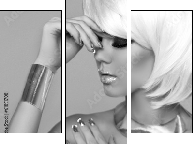 Fashion Blond Girl. Beauty Portrait Woman. Makeup. White Short H - Three-piece canvas, Triptych