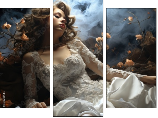 Elegant creative wedding dress on gorgeous model, style appeal luxe , excellent look, white dress, beautiful interior design, glamorous looking . - Three-piece canvas, Triptych