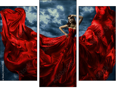 Woman in red evening dress, waving gown with flying long fabric - Three-piece canvas, Triptych