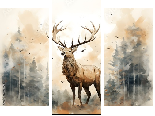 Masterful Brushstrokes: Juxtaposed Elk Painting in Minimalist Nature Study - Three-piece canvas, Triptych