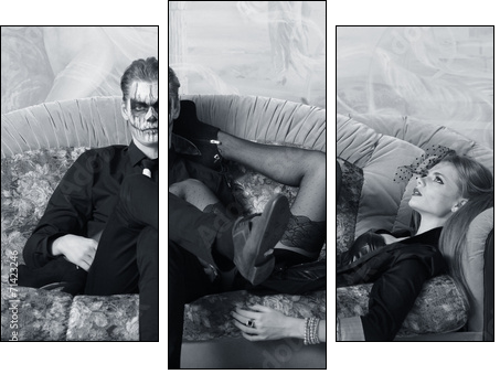young man and woman on the sofa. makeup in Halloween theme - Three-piece canvas, Triptych