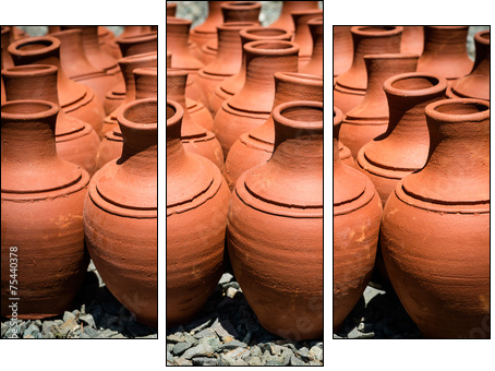 Turkish clay pots in market outdoor in sunny day - Three-piece canvas, Triptych