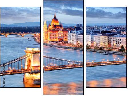 Budapest with chain bridge and parliament, Hungary - Three-piece canvas, Triptych